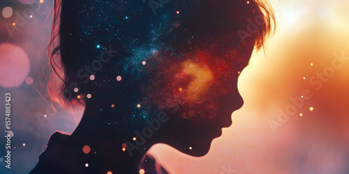 Silhouette of a girl with universe within her thoughts