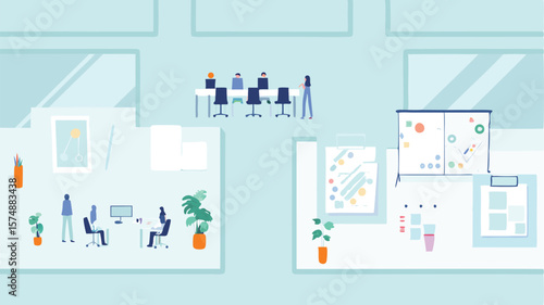 Overview of a modern office space with meeting rooms and individual workspaces showing collaboration