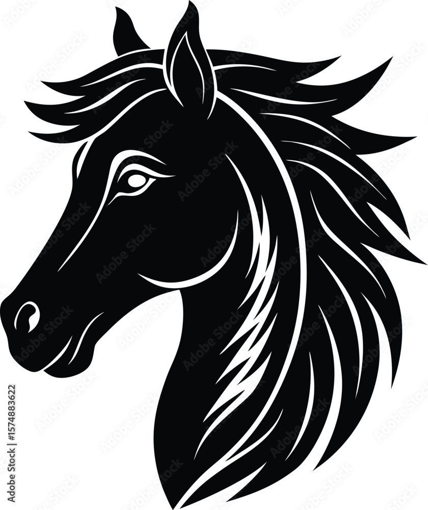 Fototapeta premium Black horse head vector with flowing mane – elegant profile illustration