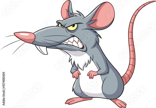 Angry cartoon rat with sharp teeth, big ears, long tail, aggressive expression, vector illustration, isolated white background, animated rodent character