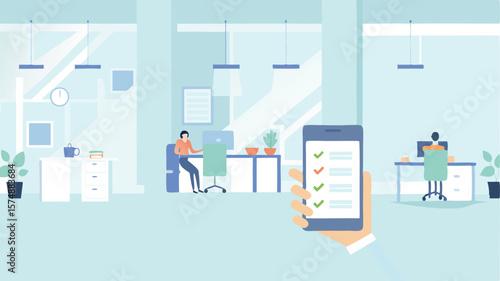 Hand holding a smartphone with a checklist in an office setting with people working at desks nearby