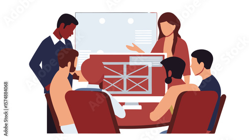 A group of people are gathered around a computer screen in a meeting discussing project details closely