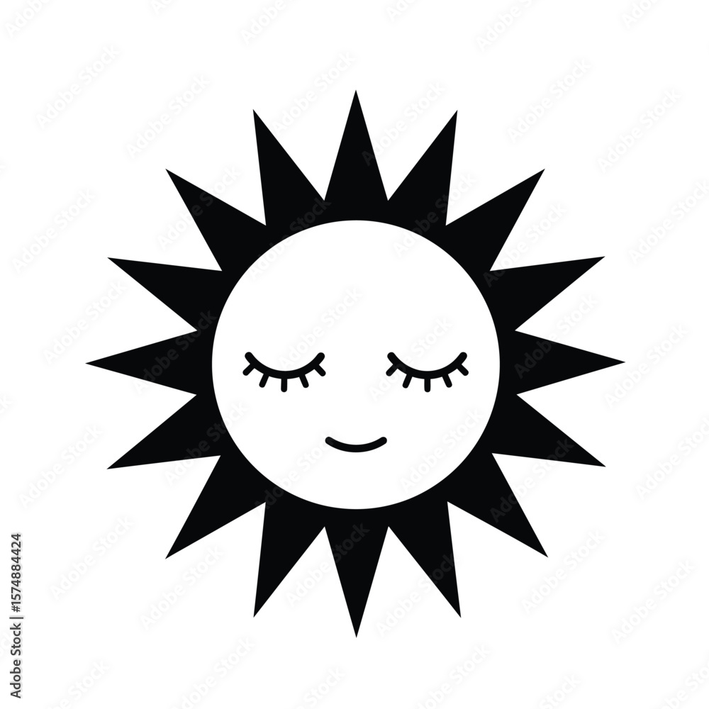 Fototapeta premium Black silhouette of a smiling sun with closed eyes