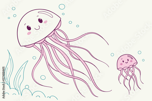 Cute baby jellyfish with mommy jellyfish in a heartwarming family illustration