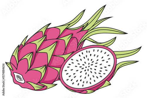 Vibrant abstract dragon fruit design with geometric shapes and tropical colors