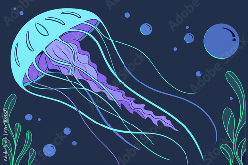 Vibrant glowing deep sea jellyfish bioluminescent marine life illustration