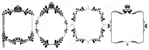 Set of vector black and white frames with ornamental fantasy flowers, leaves, and decorative elements.