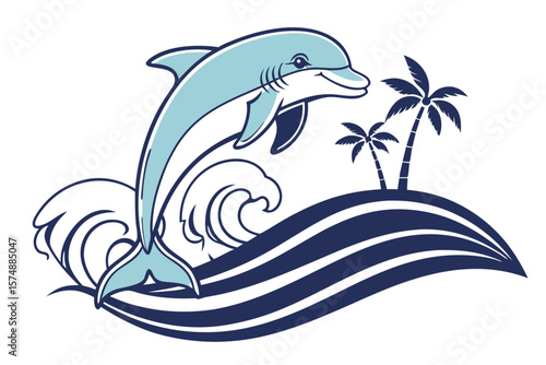 Playful dolphin mascot logo for a coastal resort with bright colors