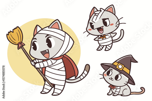 Cute halloween cats dressed as mummies and vampires for spooky celebrations