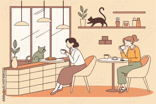 Charming cat cafe scene with people enjoying coffee and companionship