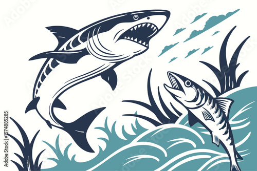 Stylized illustration of a powerful predatory ocean fish resembling a shark or barracuda