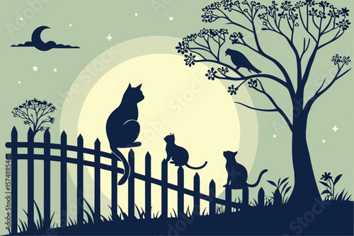 Group of cats sitting on a fence under a bright full moon