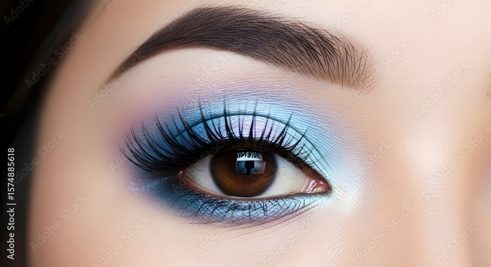 Naklejka premium Close-up of a woman's eye with vibrant blue and purple eyeshadow and dramatic false lashes