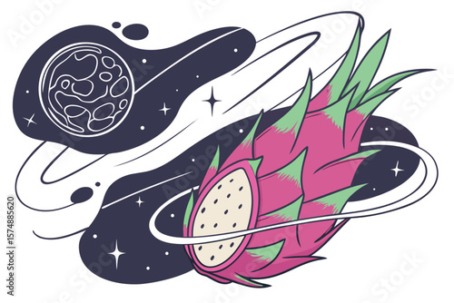 Vibrant dragon fruit art fused with cosmic galaxy elements
