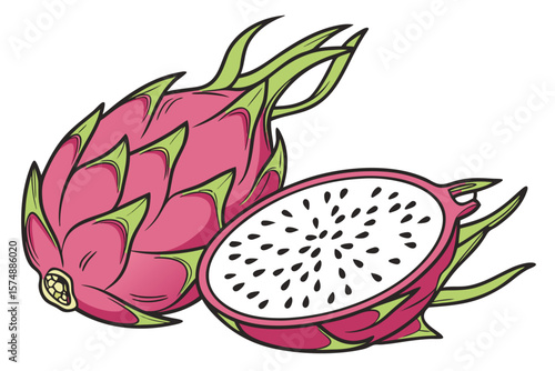 Hyper realistic sliced dragon fruit illustration with vibrant colors