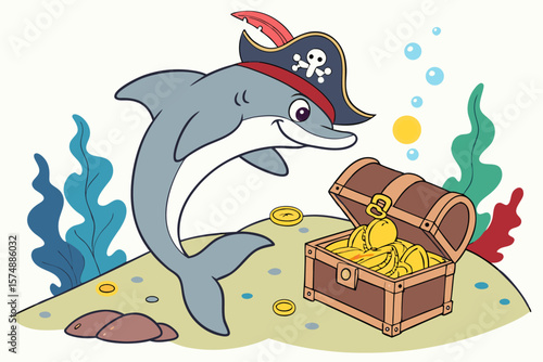 Whimsical halloween dolphin in pirate costume illustration