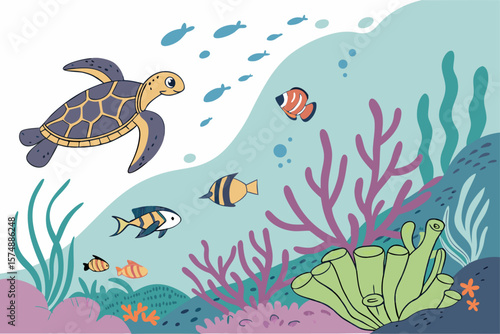 Vibrant underwater ocean ecosystem illustration with diverse fish interacting in colorful coral reefs