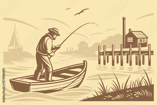 Old fashioned fisherman skillfully catching fish with a rod and reel