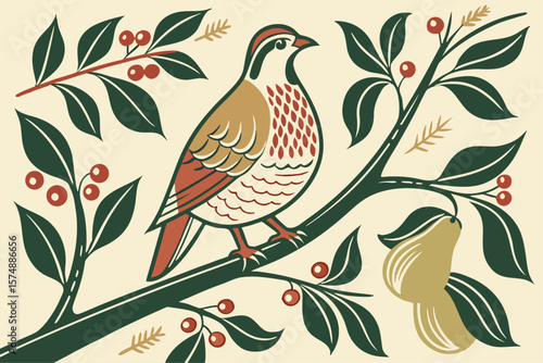 Vintage style partridge in a pear tree holiday illustration