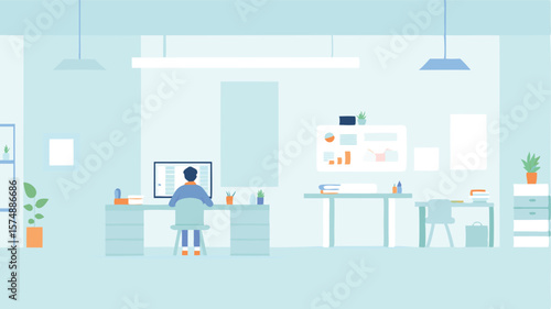 Illustration of a person working at a desk in a light blue office with plants and charts displayed