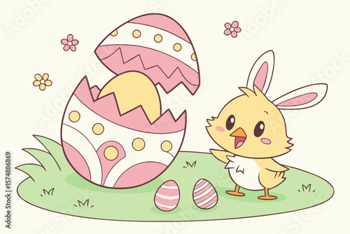 Adorable baby chick hatching from an egg cute cartoon illustration