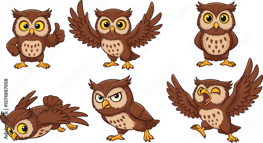 Cartoon owl character set with various emotions, flying, angry, happy, standing poses, isolated on white background, vector illustration