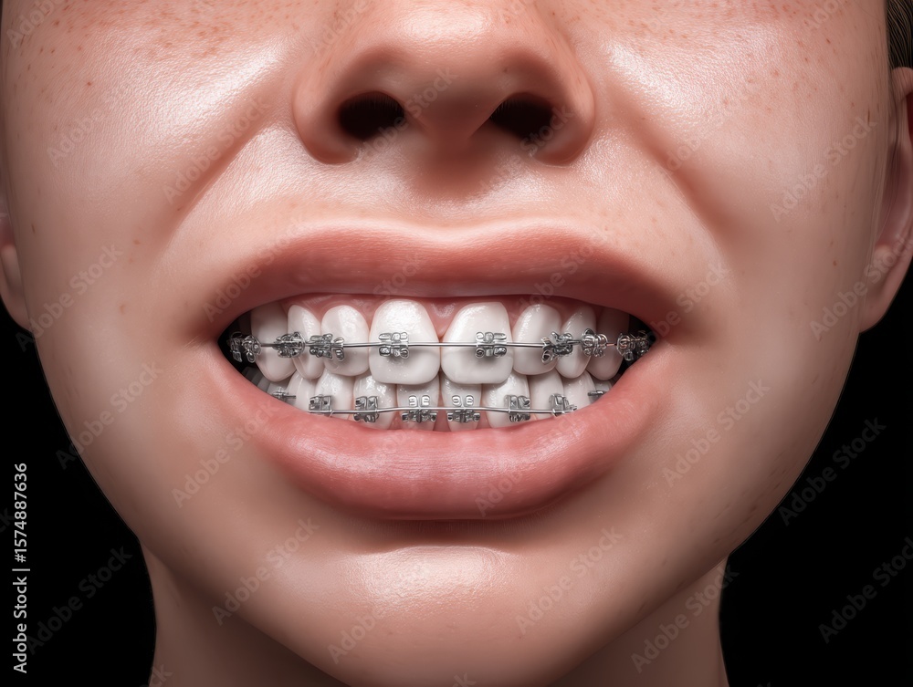 Obraz premium Cropped portrait of young woman smiling with dental braces showing natural beauty and healthy teeth orthodontic treatment concept for dental care hygiene medicine and modern healthcare promotion