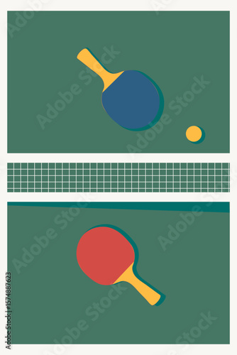Ping pong, green table tennis table, table tennis rackets, tennis net, tennis ball, competition