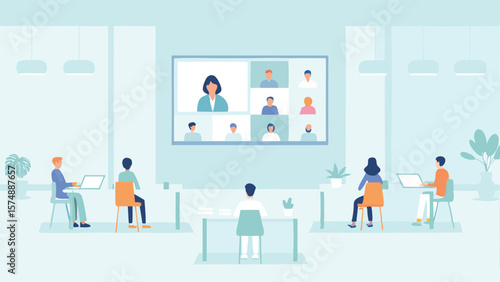Illustration of people in a video conference meeting in a modern office space with desks and computers