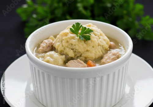Hearty chicken and dumplings in a white ramekin with parsley garnish