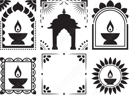 Traditional Indian Diya lamp and archway silhouette vector design elements set, Diwali decorative frames and borders