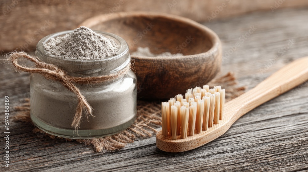 Fototapeta premium Close-up of tooth powder and brush arranged on wooden table