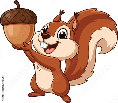 Cute cartoon squirrel holding big acorn, happy forest animal, fun woodland character, children illustration, playful wildlife mascot, isolated background