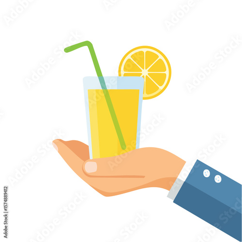 A hand gracefully holding a glass of refreshing, fresh lemon juice with a straw and lemon slice. A perfect refreshment.