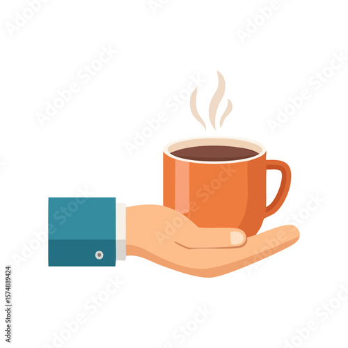 A person's hand offering a warm, freshly brewed cup of coffee