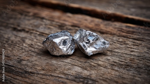 Close-up view of two silver nuggets on a wooden table