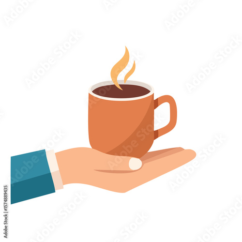 A hand holding a steaming cup of coffee, a warm invitation to enjoy a moment of relaxation. The hand offers the cup with care.