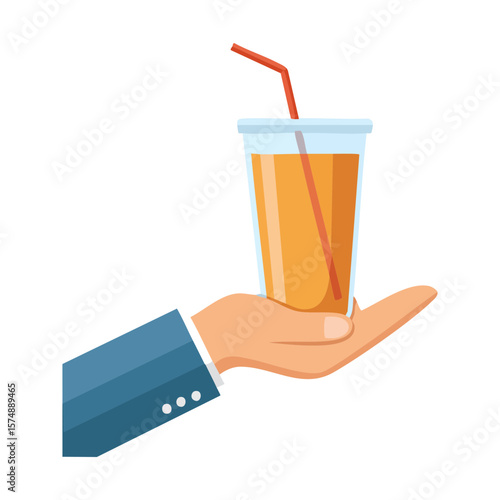 A refreshing juice drink in a transparent glass with a straw, being held by a person's hand. The orange juice is inviting, with the red straw adding a touch of color