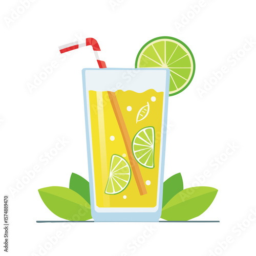 A refreshing glass of lemonade, garnished with lime and a straw