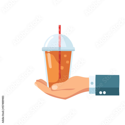 A hand holds a refreshing orange beverage in a clear plastic cup with a straw. It's a bright, eye-catching image that suggests refreshment and enjoyment.