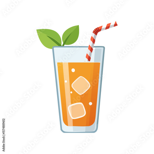 A refreshing glass of orange juice with ice cubes and a straw, garnished with green leaves