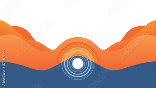 Abstract illustration of orange wavy shapes over blue water with concentric circles emanating from center