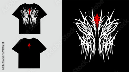 Abstract neo tribal streetwear design, with sharp, symmetry and red gothic accent. Bold and aggressive look for t-shirts, posters, or stickers