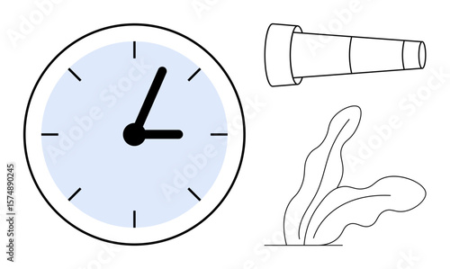 Large clock paired with telescope beside abstract plant elements, symbolizing focus on time, long-term vision, and nature. Ideal for productivity, planning, growth, minimalism and simplicity. A