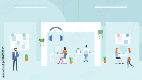 Illustration of a modern office space with employees working at desks and a man standing near wall