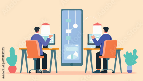 Two people working at desks with computers and a large mobile phone in the center of the image view