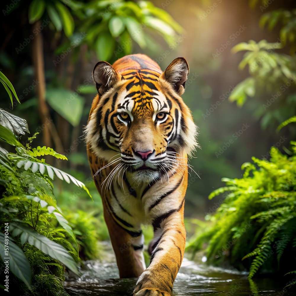 Fototapeta premium A tiger walks through a lush jungle stream