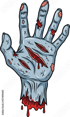 Scary cartoon zombie hand with bloody wounds, Halloween horror illustration, undead monster arm, creepy severed hand, spooky Halloween design