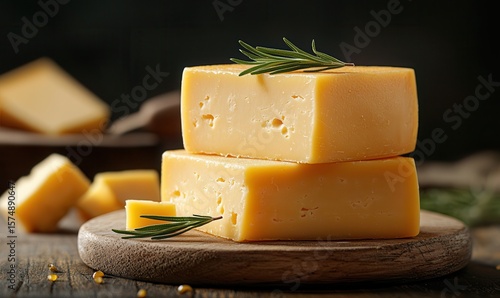 Savoring aged cheddar and sprigs of Rosemary on wooden cutting board
