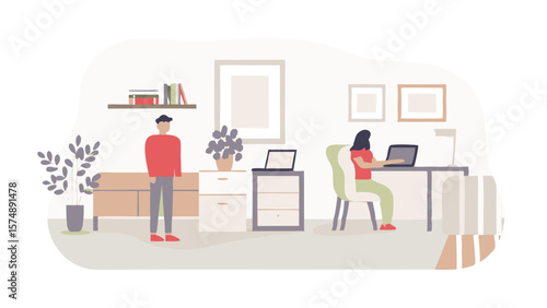 Illustration of a man standing and a woman working on a laptop in a well decorated home office space